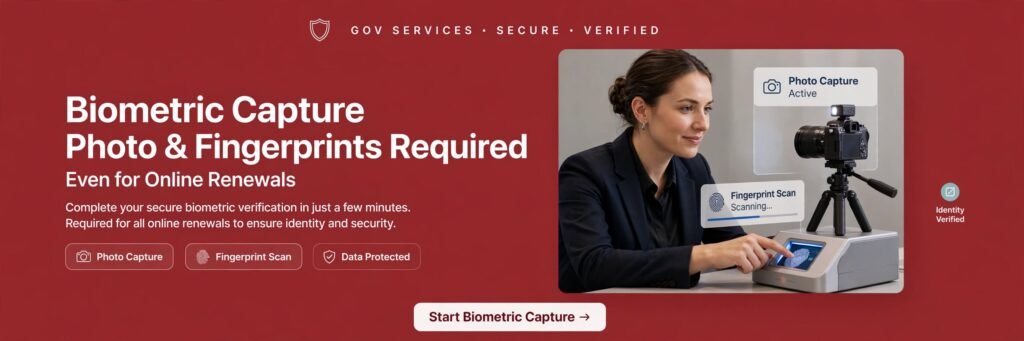 Biometric capture, photo and fingerprints, is still required even for online renewals.*