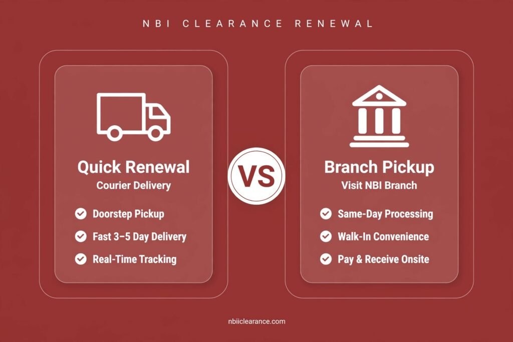 Quick Renewal vs branch pickup comparison for NBI clearance"